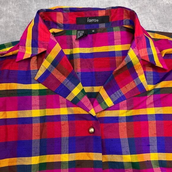 Ishyu Blouse Women‎ 14 Pink Blue Red Madras Plaid Gold Buttons Party Hong Kong - Picture 2 of 11